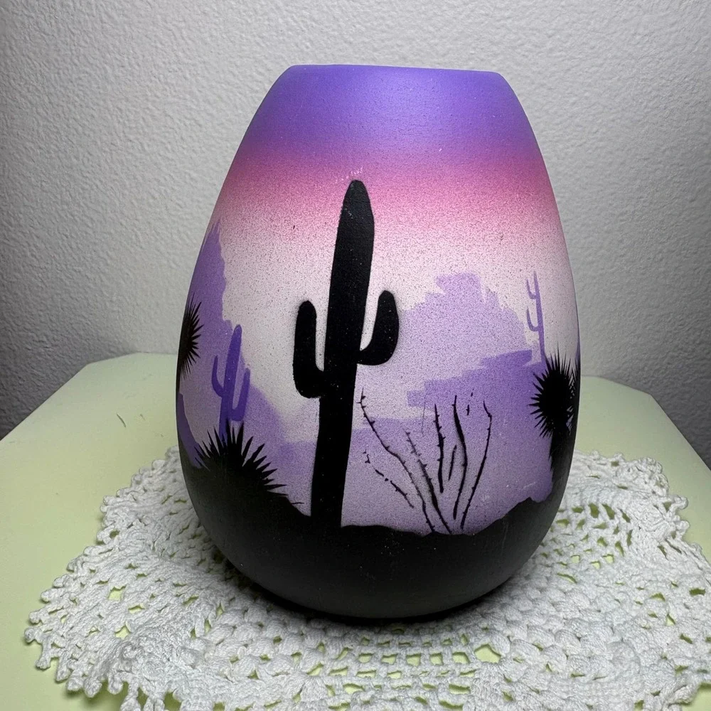 6in Purple Desert Cactus Vase Southwest Boho Hand Painted Pottery